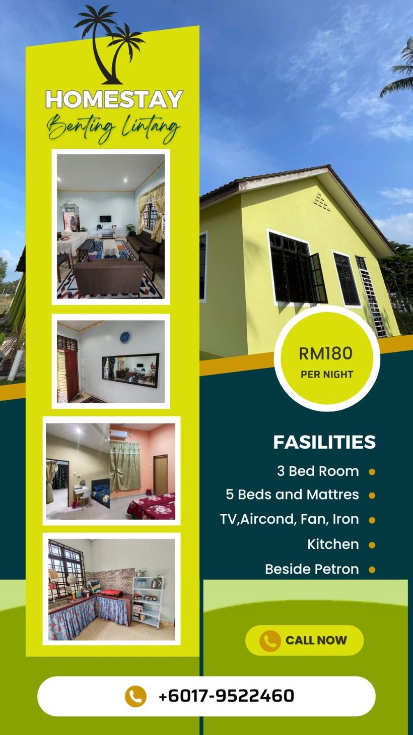 Homestay Benting Lintang — 3 bilik · 5 katil · dapur · aircond · sebelah Petron