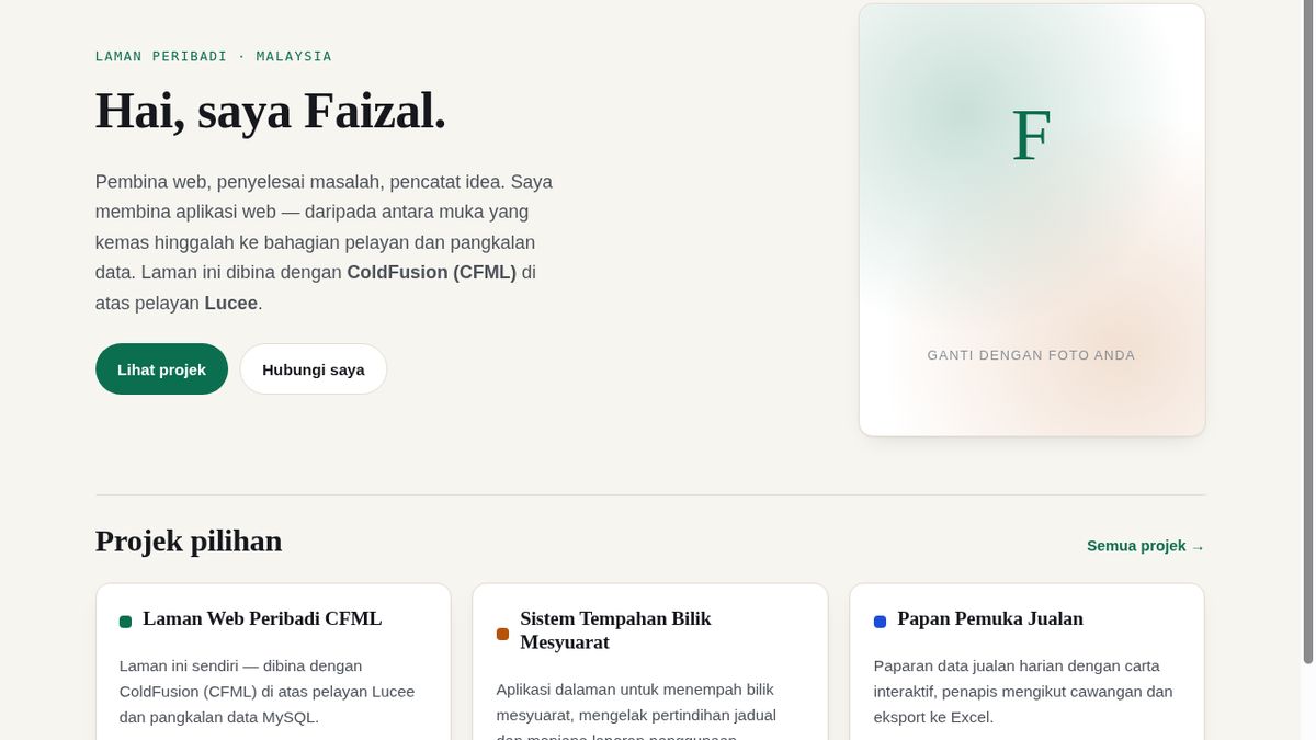 Halaman utama laman peribadi yang dibina dengan ColdFusion