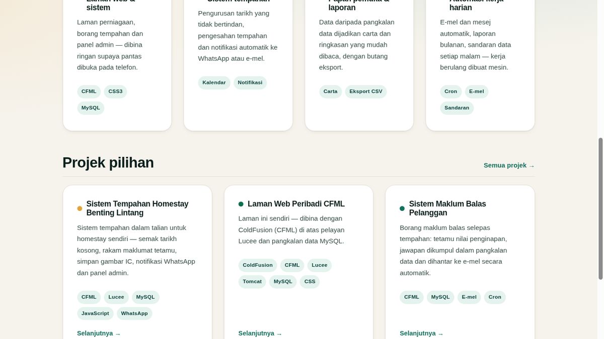 Bahagian servis laman yang menyenaraikan teknologi CFML dan Lucee